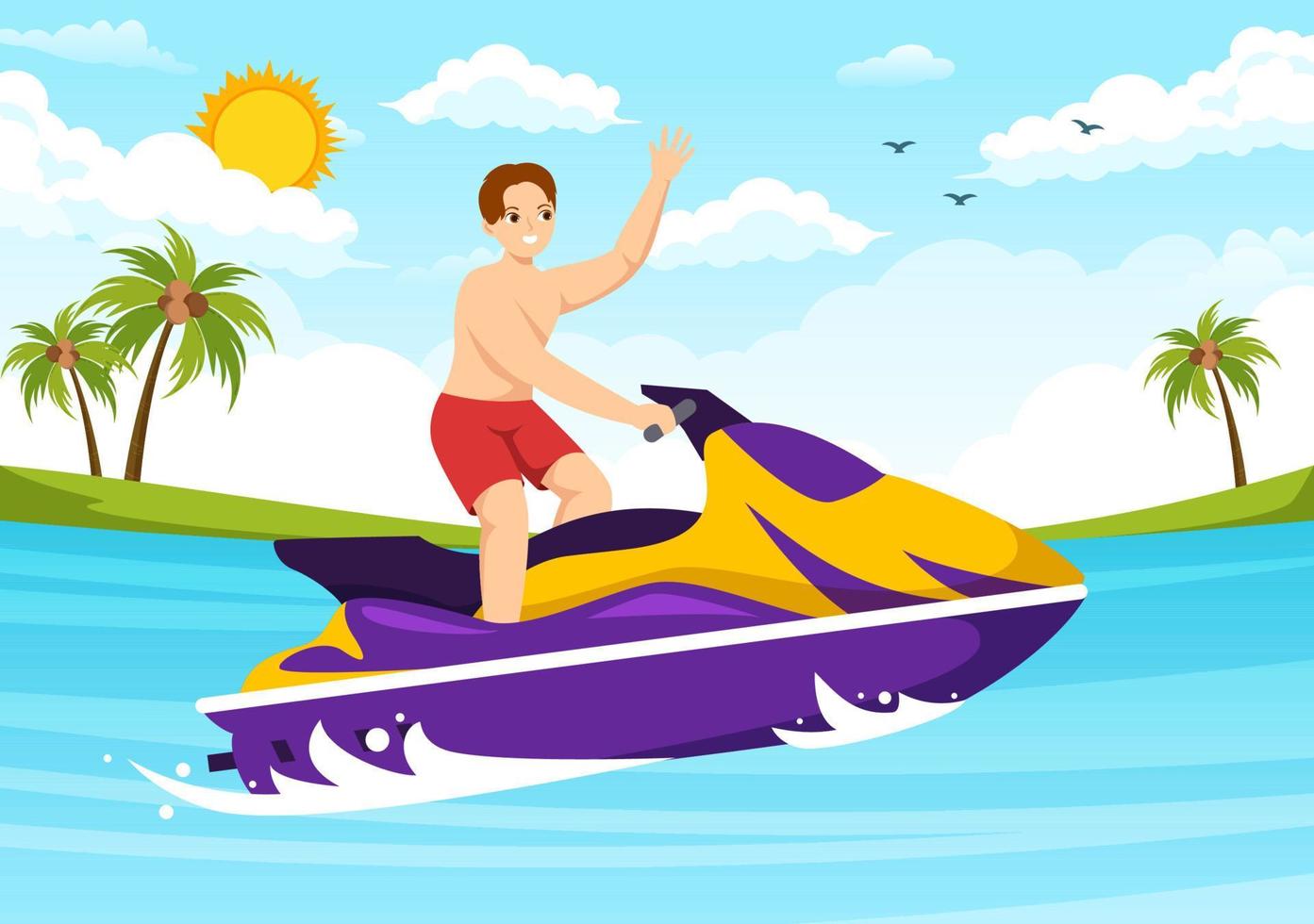 les gens font du jet ski illustration loisirs de vacances d'été, sports nautiques extrêmes et activité de plage de villégiature dans le modèle de dessin animé plat dessiné à la main vecteur