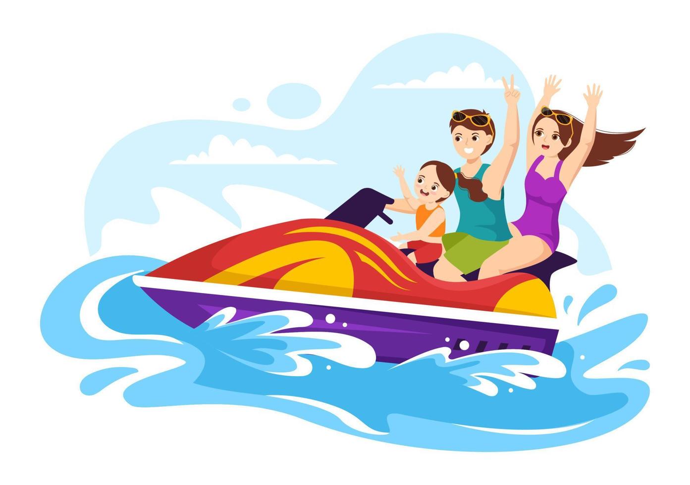 les enfants font du jet ski illustration loisirs de vacances d'été, sports nautiques extrêmes et activité de plage de villégiature dans le modèle de dessin animé plat dessiné à la main vecteur
