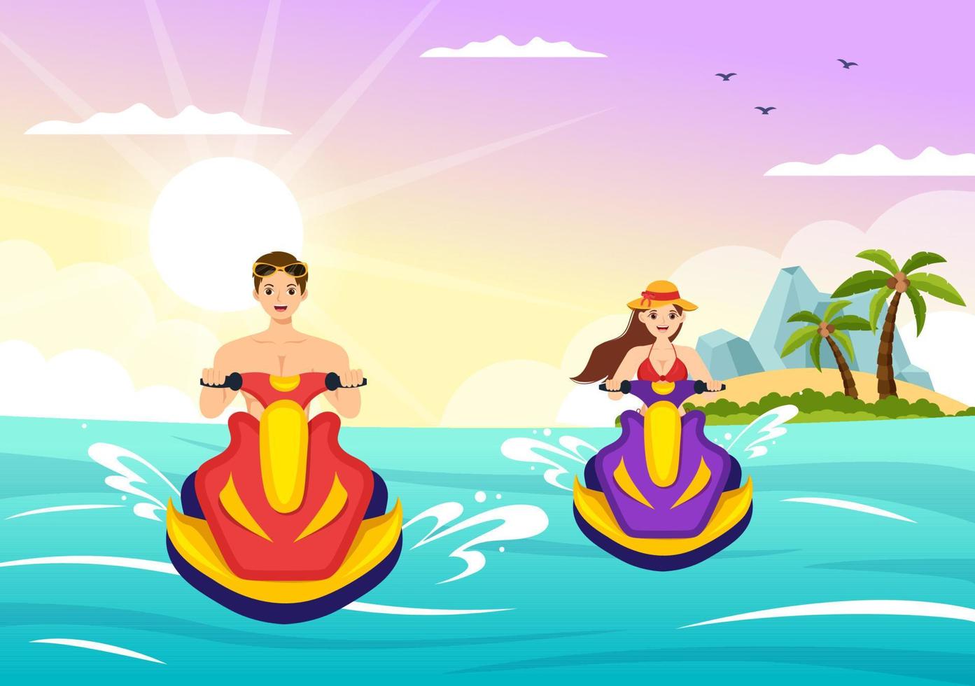 les gens font du jet ski illustration loisirs de vacances d'été, sports nautiques extrêmes et activité de plage de villégiature dans le modèle de dessin animé plat dessiné à la main vecteur