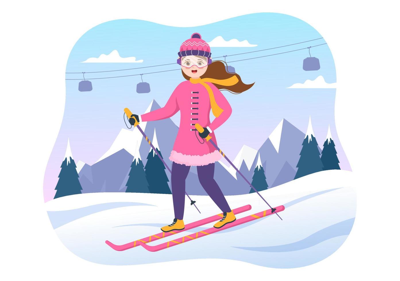 illustration de ski avec des skieurs glissant près de la montagne descendant dans la station de ski dans les activités de sports d'hiver plats modèles dessinés à la main de dessin animé vecteur