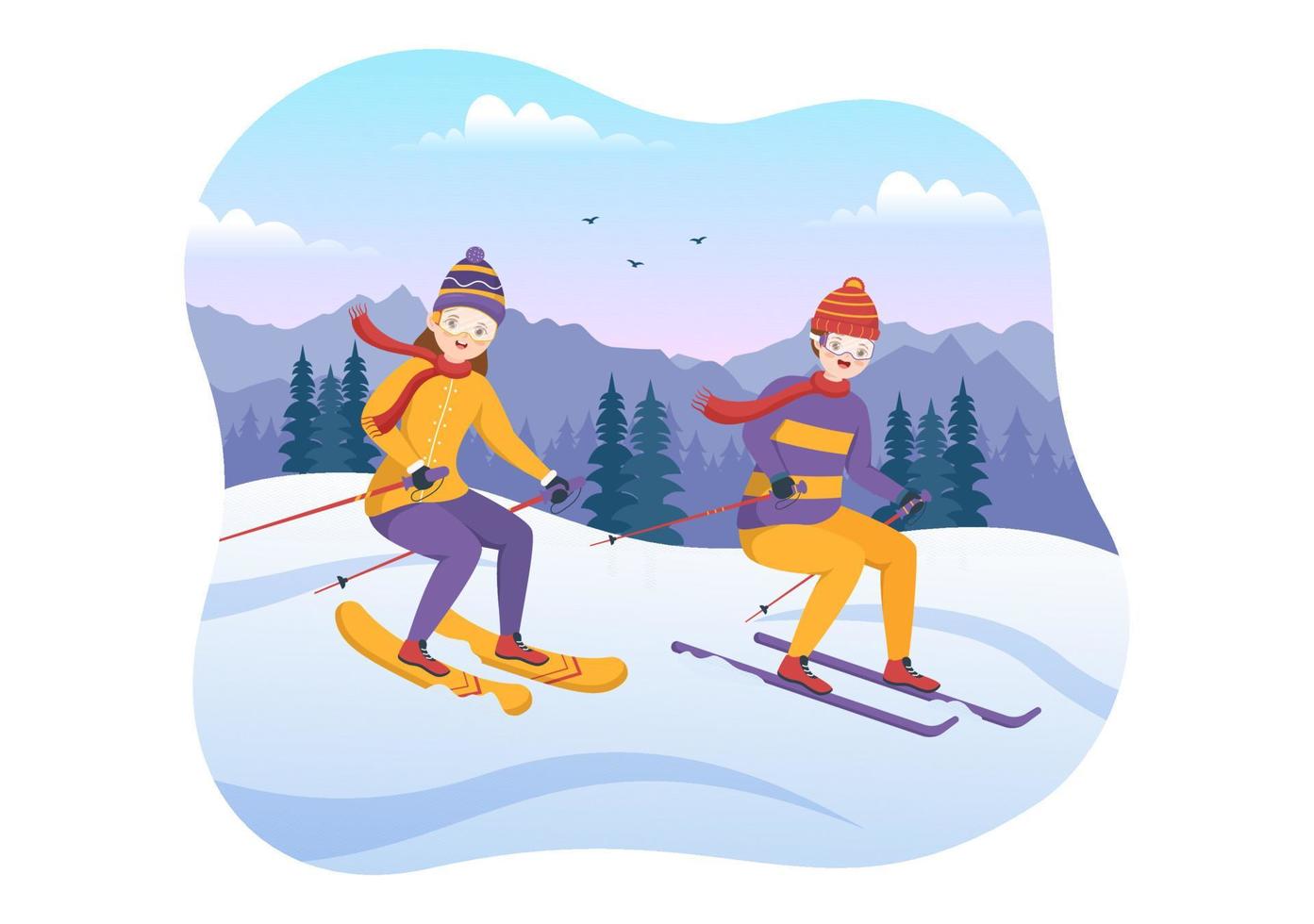 illustration de ski avec des skieurs glissant près de la montagne descendant dans la station de ski dans les activités de sports d'hiver plats modèles dessinés à la main de dessin animé vecteur