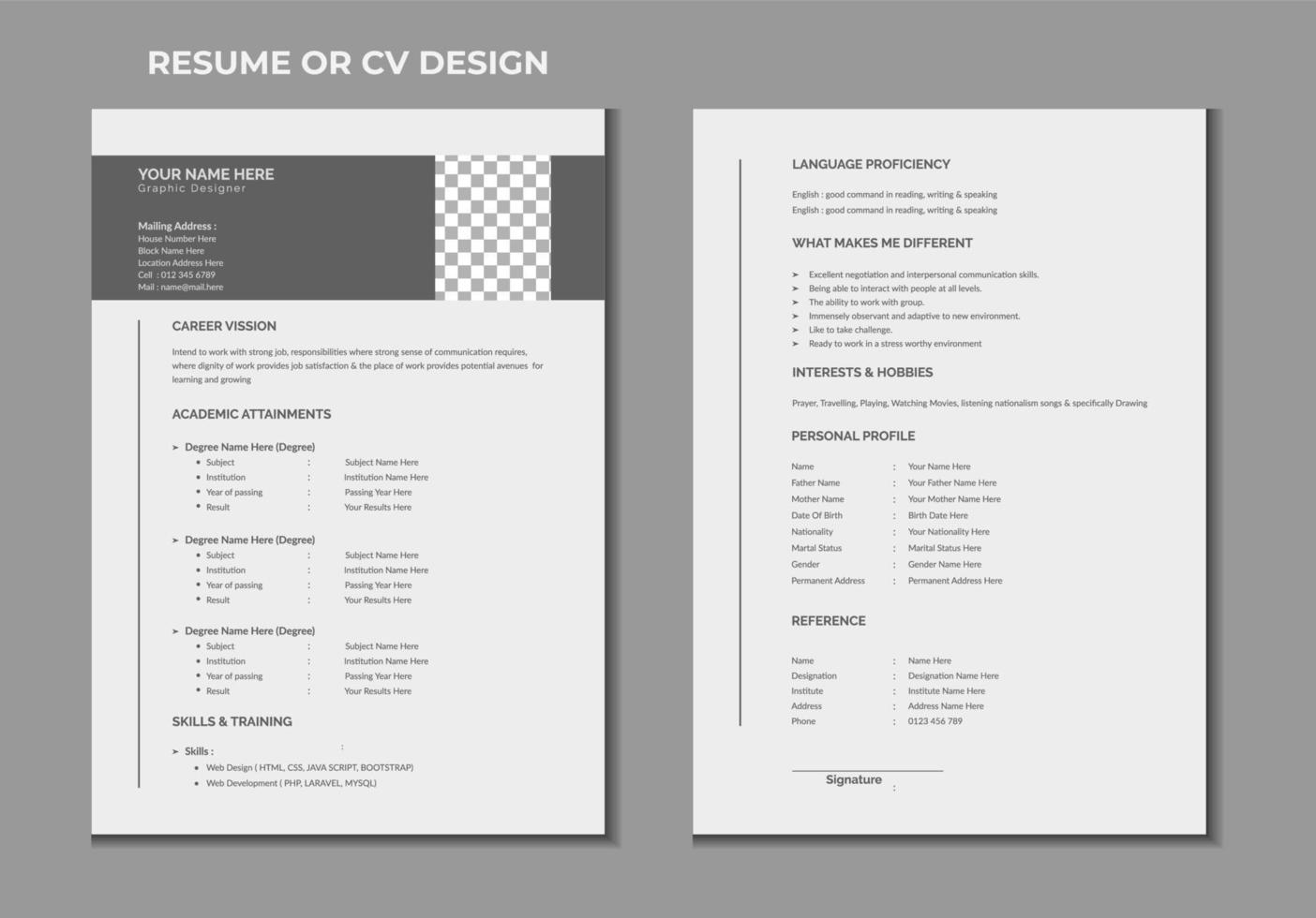 conception de modèle de curriculum vitae ou de cv d'entreprise de 2 pages vecteur