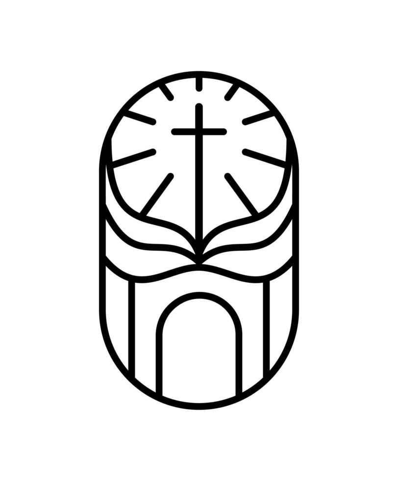 croix de ligne de religion et bible à livre ouvert à l'église. illustration d'icône de logo vectoriel isolée. jésus christ sur le calvaire est le centre du christianisme. dieu pardon et amour pour les gens