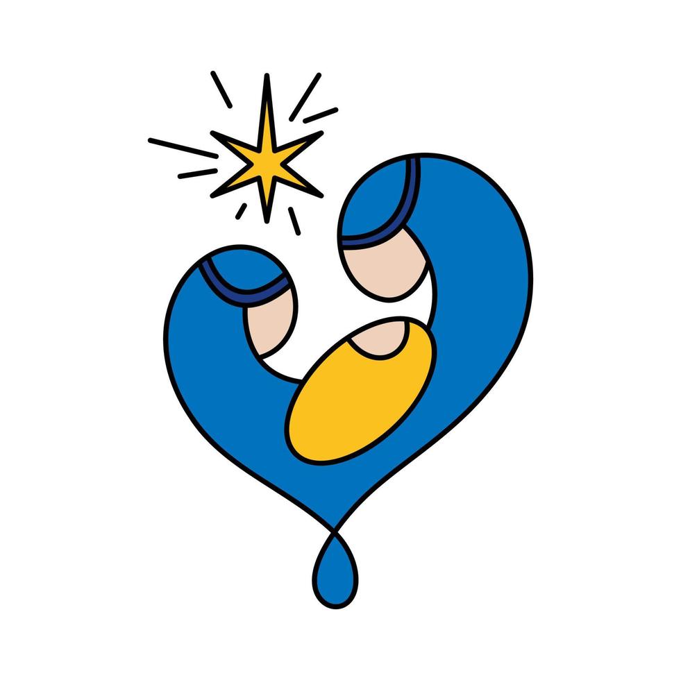 vecteur couleur noël scène de la nativité religieuse chrétienne de l'enfant jésus avec marie, joseph et étoile en forme de coeur. croquis d'icône de logo. griffonnage illustration dessinée à la main