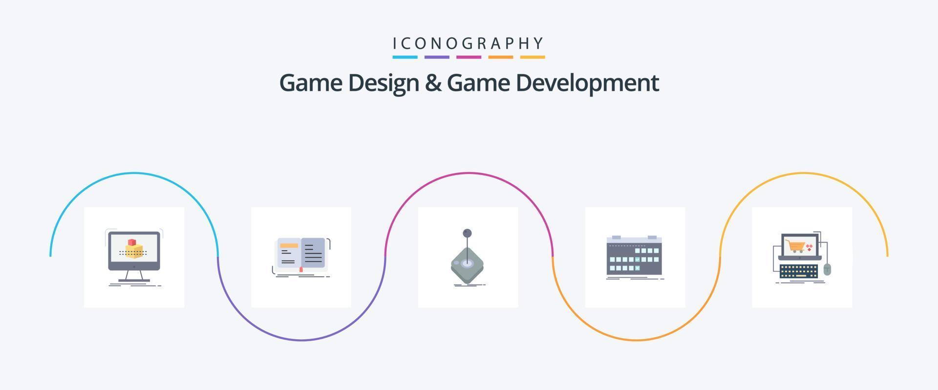 conception de jeux et développement de jeux pack d'icônes plat 5, y compris l'événement. calendrier. histoire. bâton. jeu vidéo vecteur