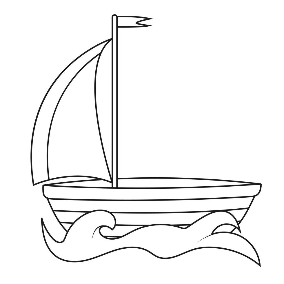 illustration vectorielle d'un bateau en bois avec une voile sur une vague, voiles écarlates, dessin à la main, croquis, ligne vecteur