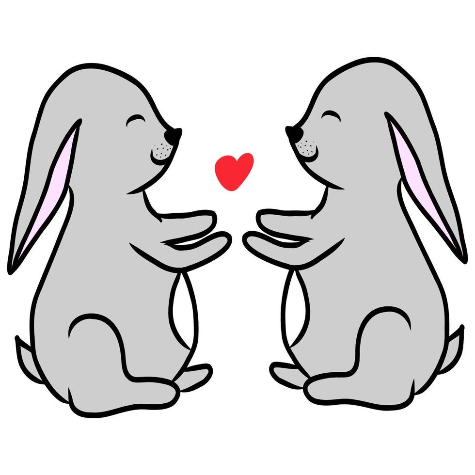 joli couple de lapins dessinés à la main amoureux, clipart doodle avec deux lapins et coeur rouge entre, impression pour la décoration de mariage, conception de couverture, logo, icône web, autocollant, illustration de tatouage isolé sur blanc vecteur