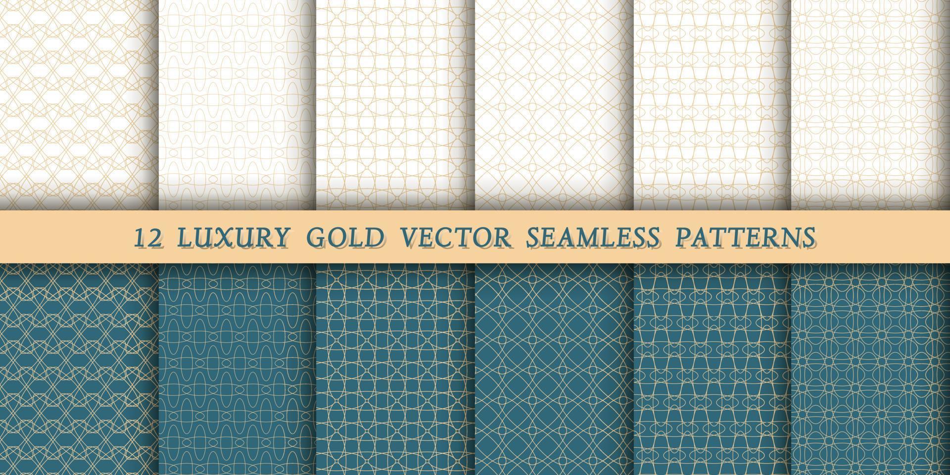 un ensemble de 12 luxueux motifs géométriques dorés pour l'impression et le design, des lignes dorées sur fond blanc et vert, émeraude. motifs modernes et élégants vecteur