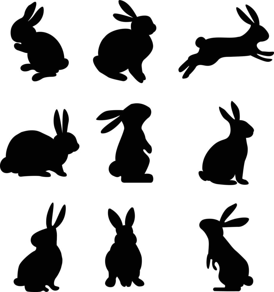 lapin dans différentes positions clipart ensemble. collection de silhouette noire de lapin de pâques. isolé sur fond blanc. illustration vectorielle vecteur