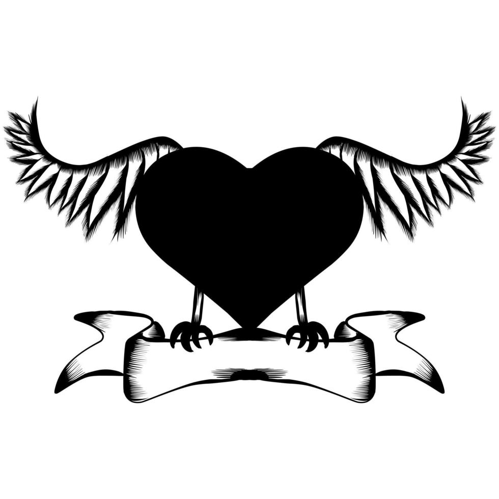 abstract vector illustration cadre coeur avec ailes et bannière. conception pour tatouage ou t-shirt imprimé