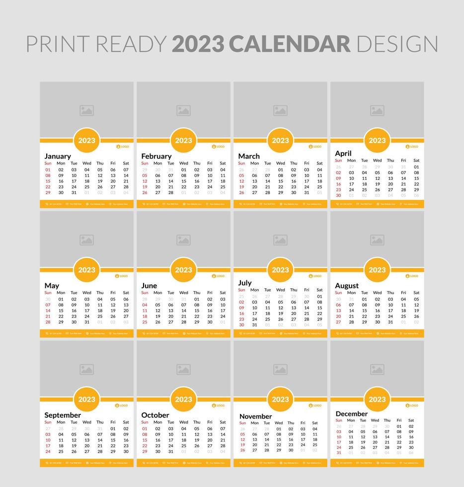 modèle de conception de calendrier mural horizontal mensuel 2023. la semaine commence le dimanche. ensemble de 12 mois. vecteur