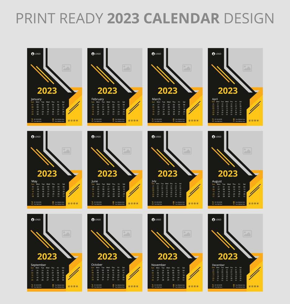 modèle de page d'illustration modifiable a4, a3, ensemble de 12 mois avec couverture. début de semaine le dimanche. page modifiable verticale, illustration vectorielle de calendrier mural. carte d'entreprise simple, planificateur. Calendrier 2023. vecteur