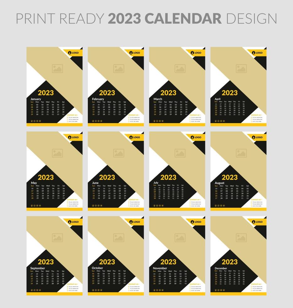 modèle de page d'illustration modifiable a4, a3, ensemble de 12 mois avec couverture. début de semaine le dimanche. page modifiable verticale, illustration vectorielle de calendrier mural. carte d'entreprise simple, planificateur. Calendrier 2023. vecteur