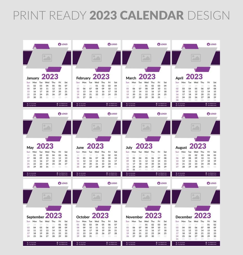 modèle de conception de calendrier mural horizontal mensuel 2023. la semaine commence le dimanche. ensemble de 12 mois. vecteur