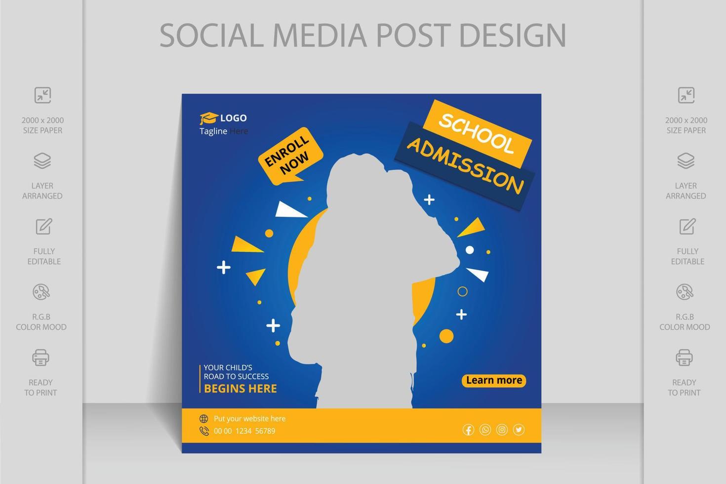 modèle de conception de flyer d'admission à l'école. publication sur les médias sociaux d'admission à l'école ou modèle de bannière web de retour à l'école ou affiche de flyer carré, publication sur les médias sociaux d'admission à l'école. vecteur