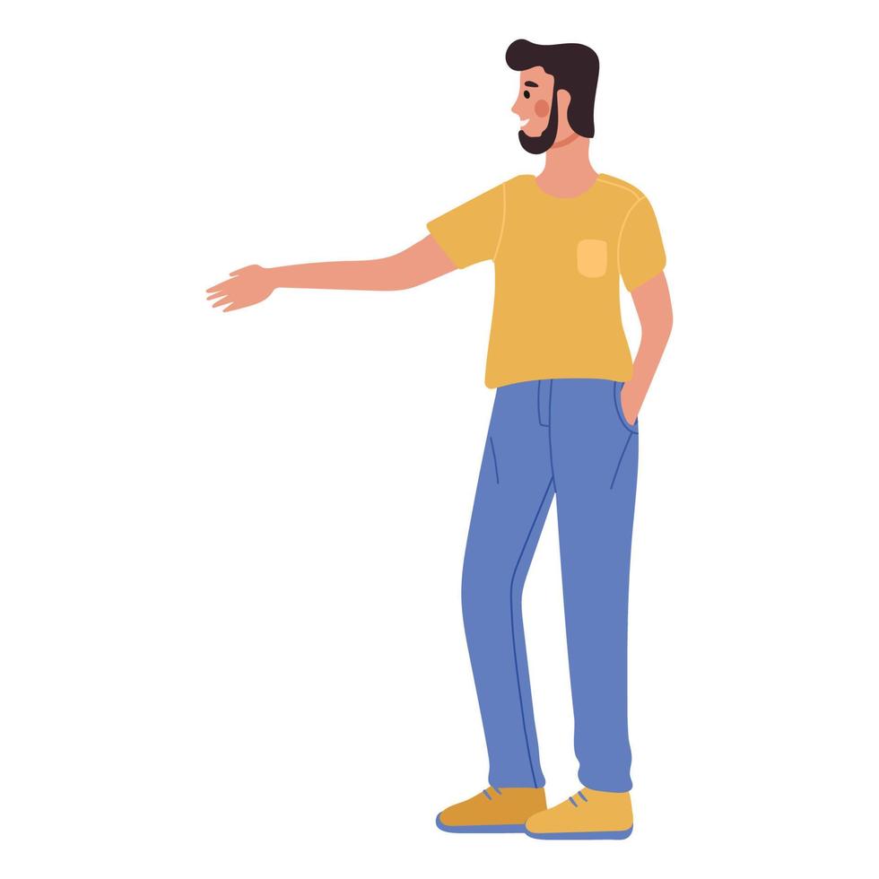 un homme en pantalon bleu et t-shirt jaune donne un coup de main. un jeune homme avec son bras tendu vers l'avant. illustration carrée de vecteur. vecteur