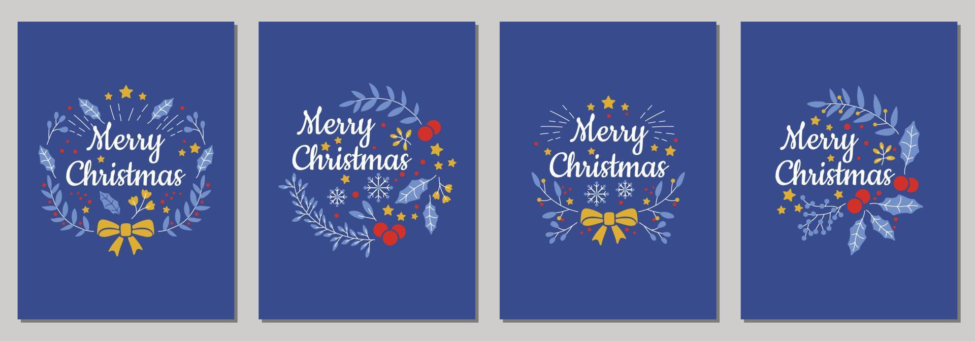 cartes de noël avec texte joyeux noël avec décorations de noël et conception de typographie. sur le fond bleu. illustration vectorielle. vecteur