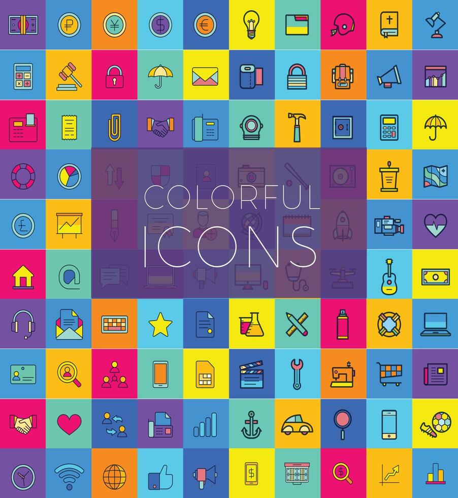 ensemble d'icônes plates colorées, pour le web, Internet, les applications mobiles, la conception d'icônes, les affaires, la finance, le shopping, la communication, l'ordinateur, les médias, les voyages. conceptions d'icônes plates, icônes d'ombre portée, icônes de contour. vecteur