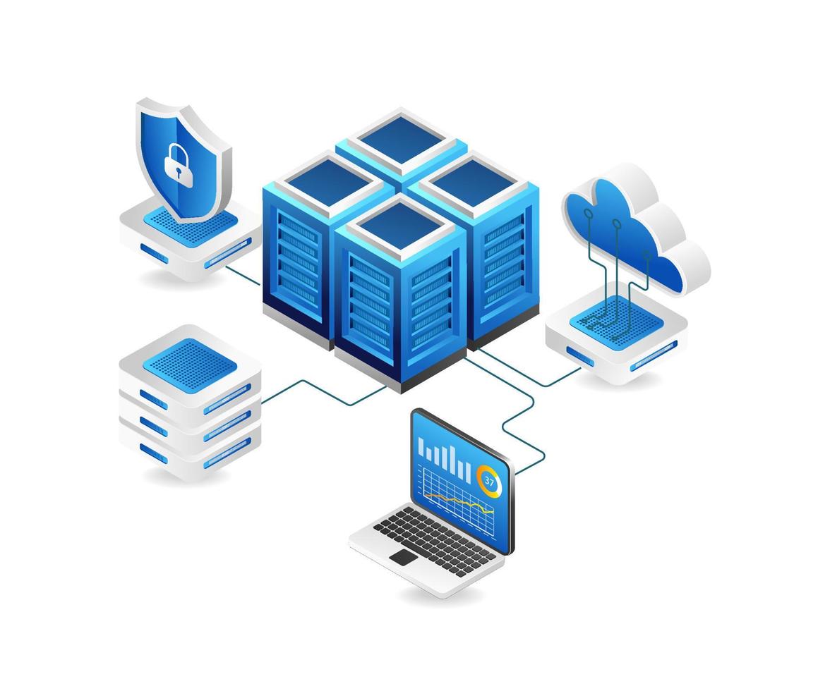 illustration 3d isométrique à plat concept d'analyse de la sécurité du réseau du serveur cloud vecteur