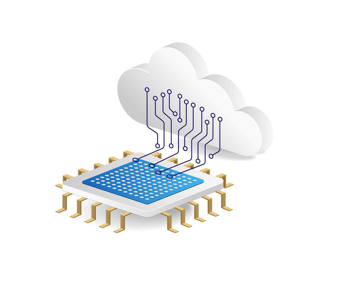 illustration 3d isométrique à plat du concept de réseau de puces de serveur cloud vecteur
