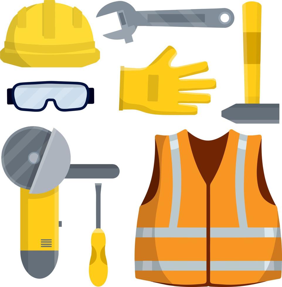 ensemble de constructeur de vêtements et de travailleur. gilet orange, casque, lunettes, gants. meuleuse, tournevis, marteau, clé. réparation et entretien. sécurité et outillage. illustration plate de dessin animé vecteur