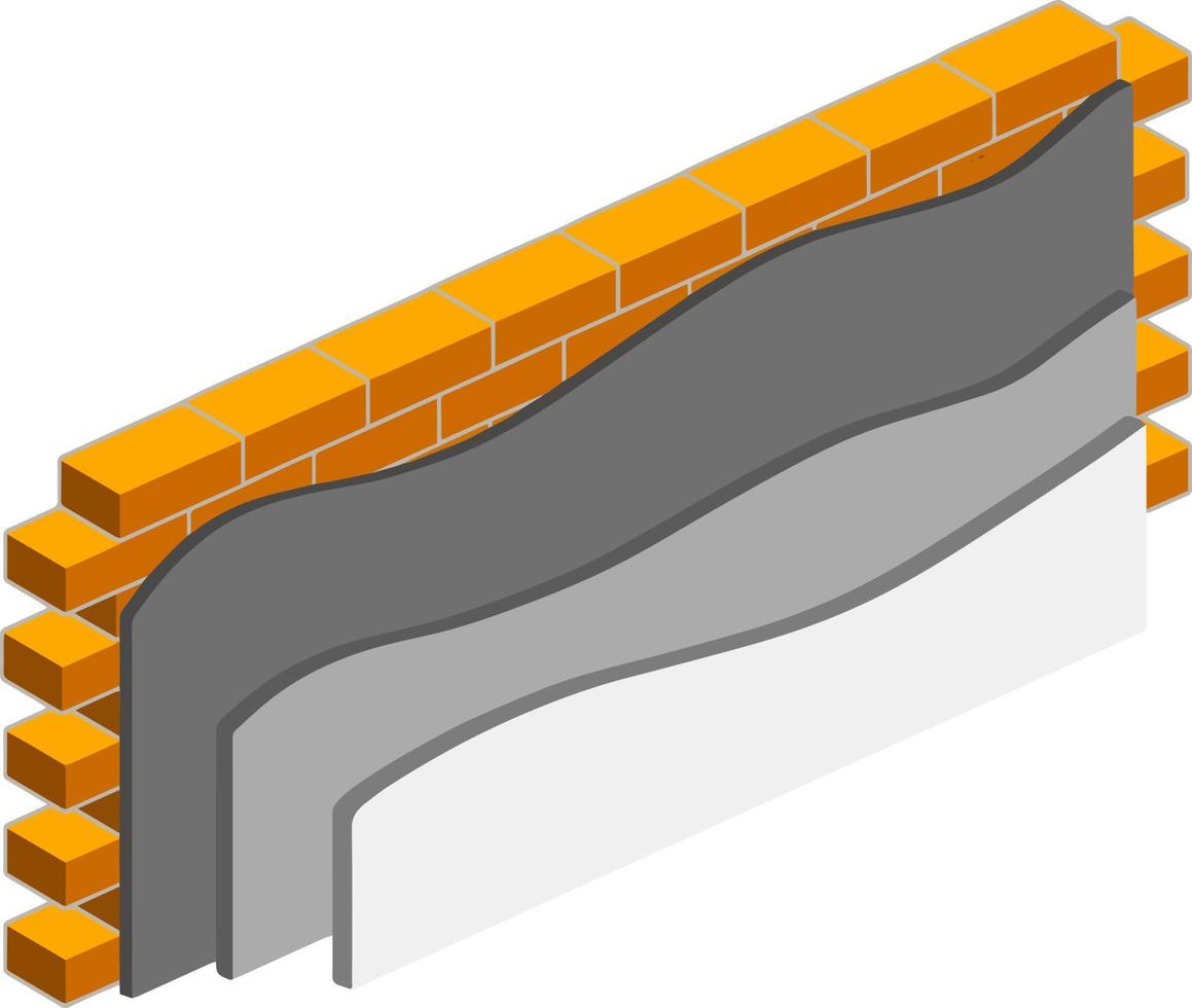 mur de briques en isométrie avec des couches de plâtre et d'isolation. matériel pour la réparation à domicile. construction de bâtiments. schéma d'application de la couche bleue et jaune vecteur