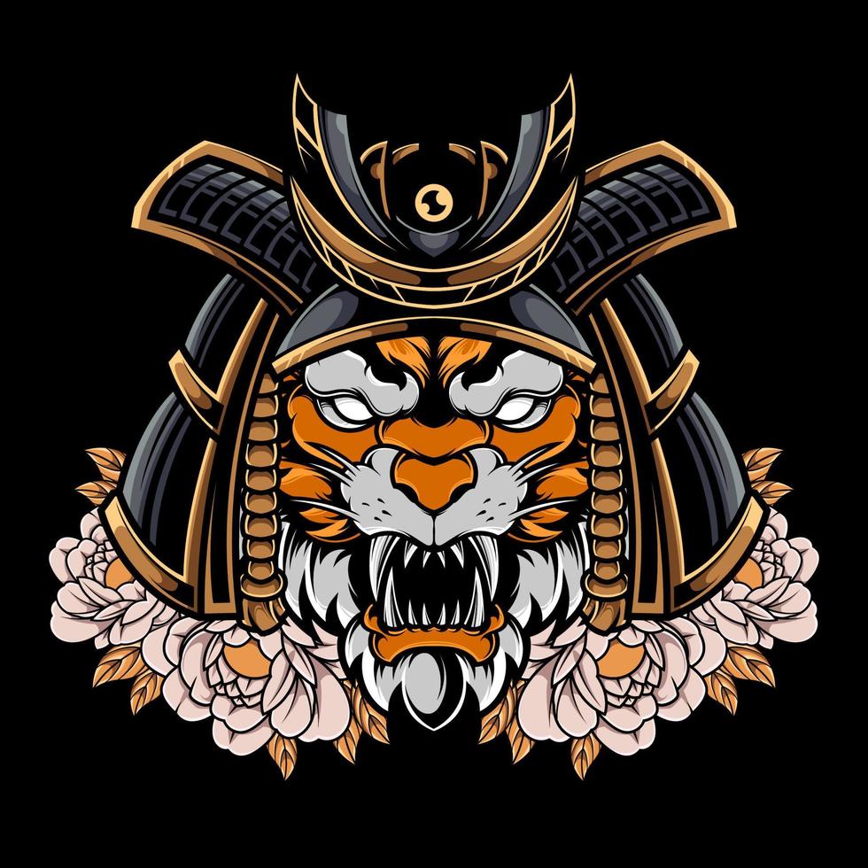 tigre de samouraï mythique japonais avec illustration de logo de fleur vecteur