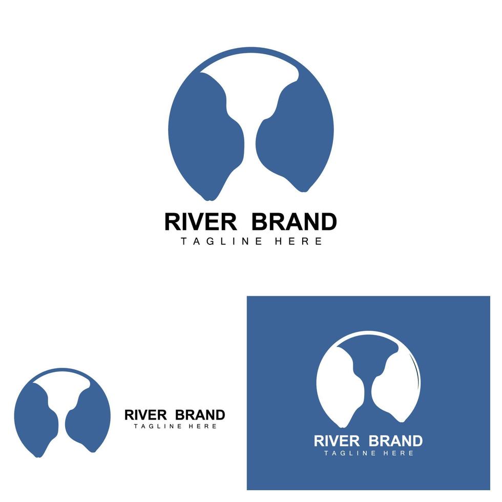 création de logo de rivière, vecteur de ruisseau de rivière, illustration au bord de la rivière avec une combinaison de montagnes et de nature, marque de produit