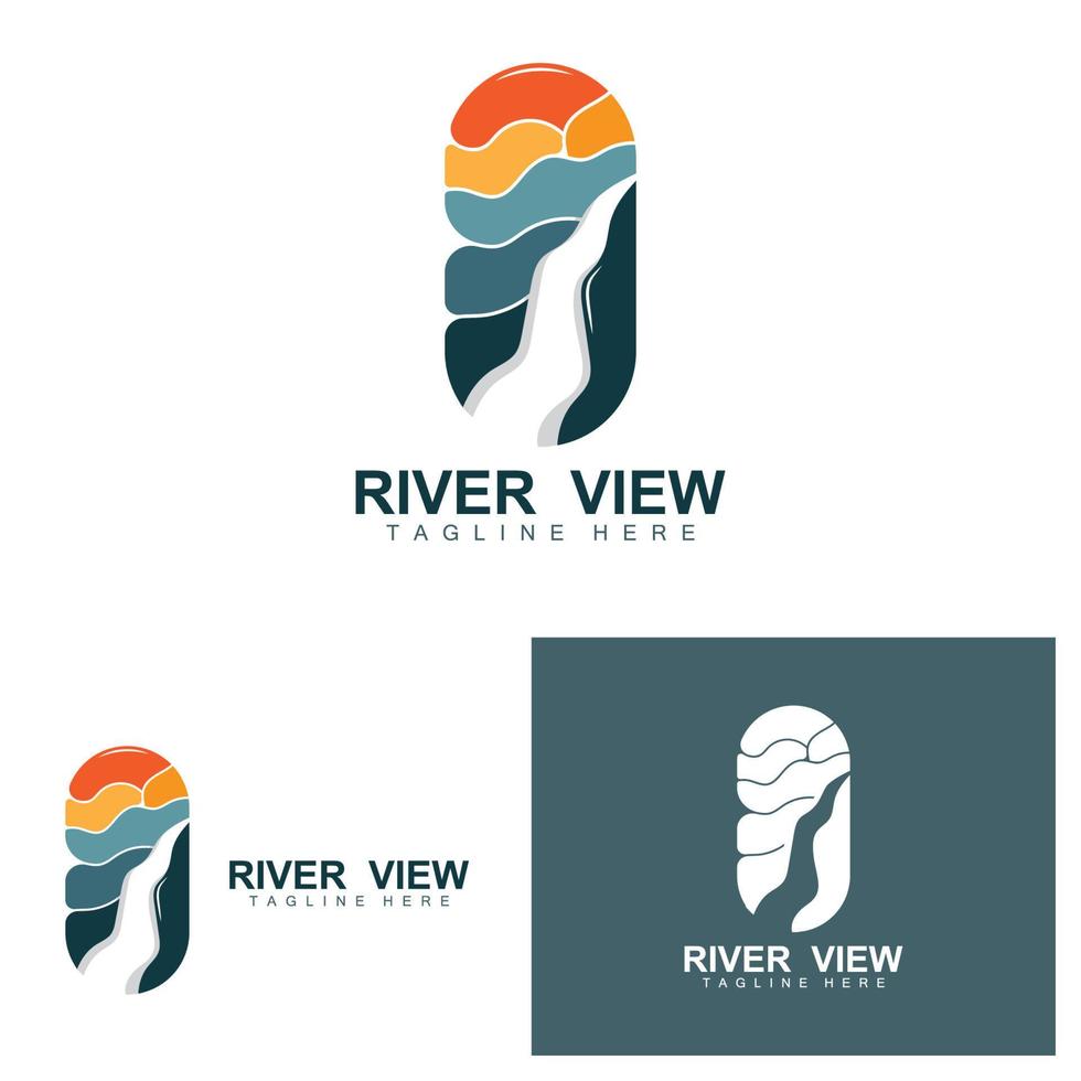 création de logo de rivière, vecteur de ruisseau de rivière, illustration au bord de la rivière avec une combinaison de montagnes et de nature, marque de produit