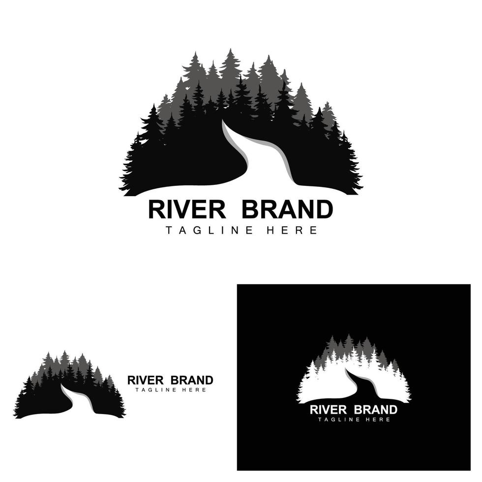 création de logo de rivière, vecteur de ruisseau de rivière, illustration au bord de la rivière avec une combinaison de montagnes et de nature, marque de produit