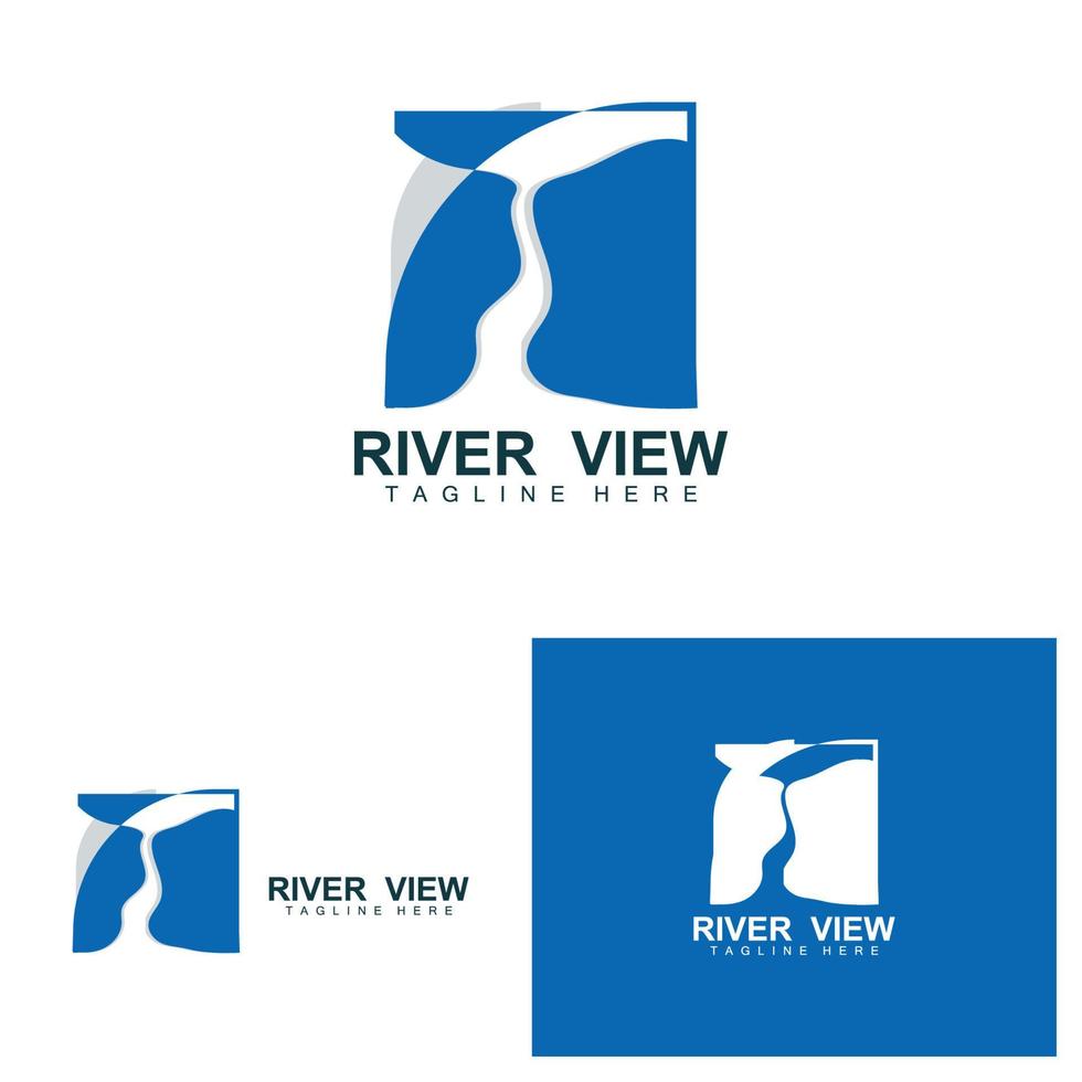 création de logo de rivière, vecteur de ruisseau de rivière, illustration au bord de la rivière avec une combinaison de montagnes et de nature, marque de produit