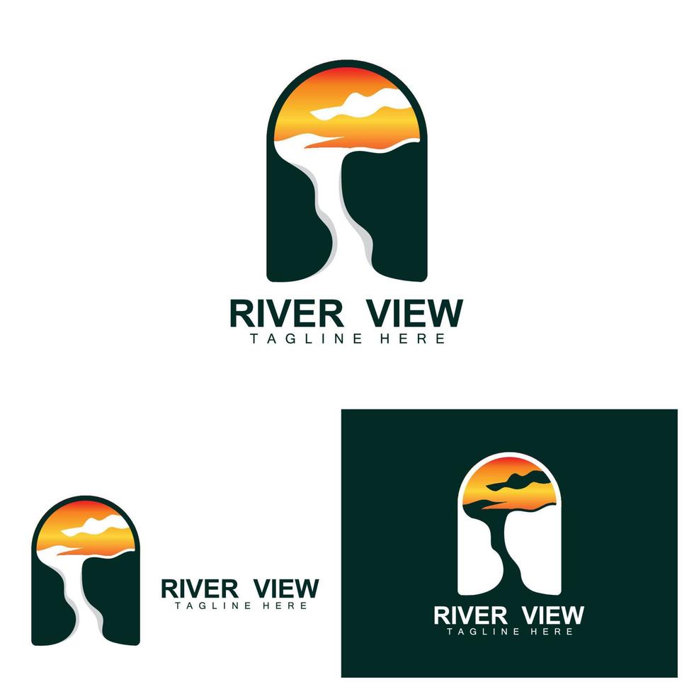 création de logo de rivière, vecteur de ruisseau de rivière, illustration au bord de la rivière avec une combinaison de montagnes et de nature, marque de produit