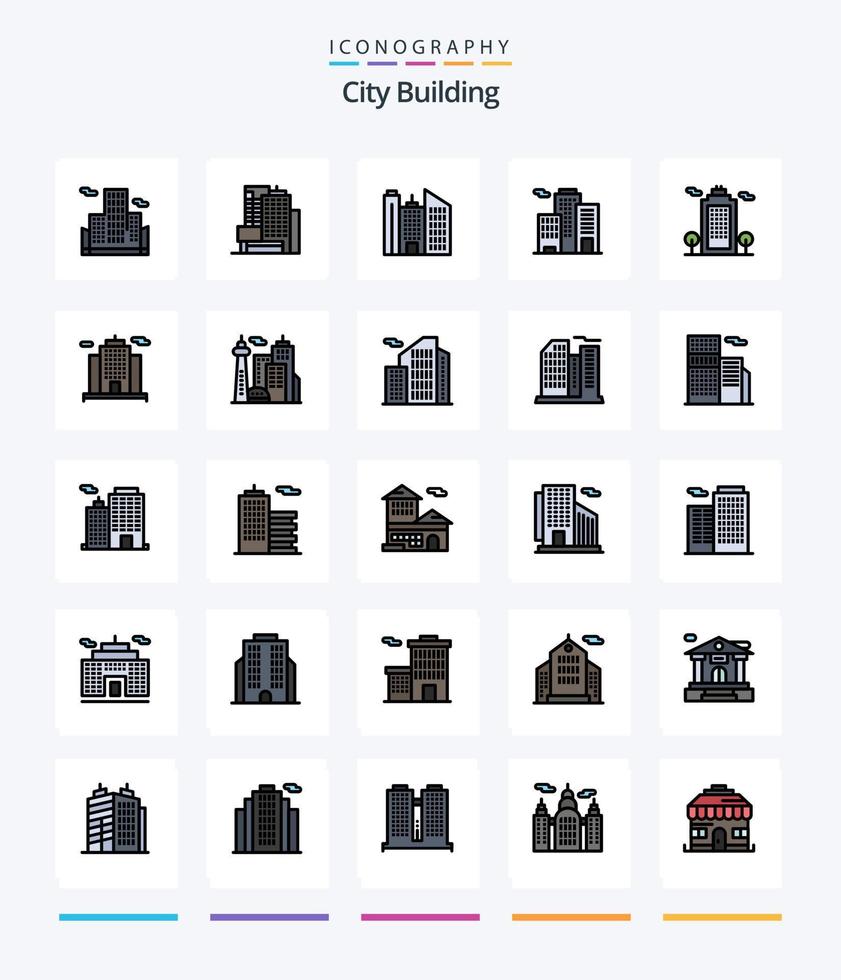 ville créative construisant un pack d'icônes rempli de 25 lignes, tel qu'un bureau. domaine. imeuble. imeuble. repère vecteur