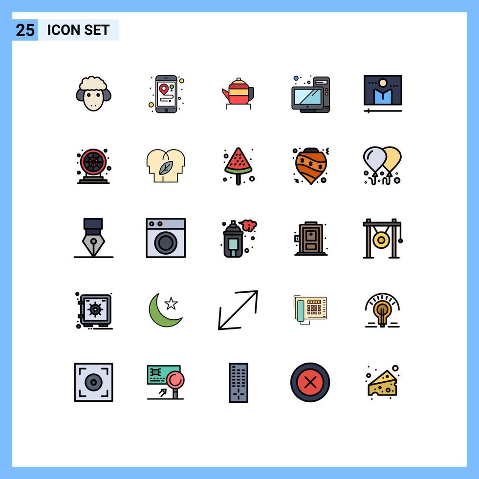 concept de couleur plate de 25 lignes remplies pour les sites Web mobiles et les applications média diffusion théière moniteur éléments de conception vectoriels modifiables de bureau vecteur
