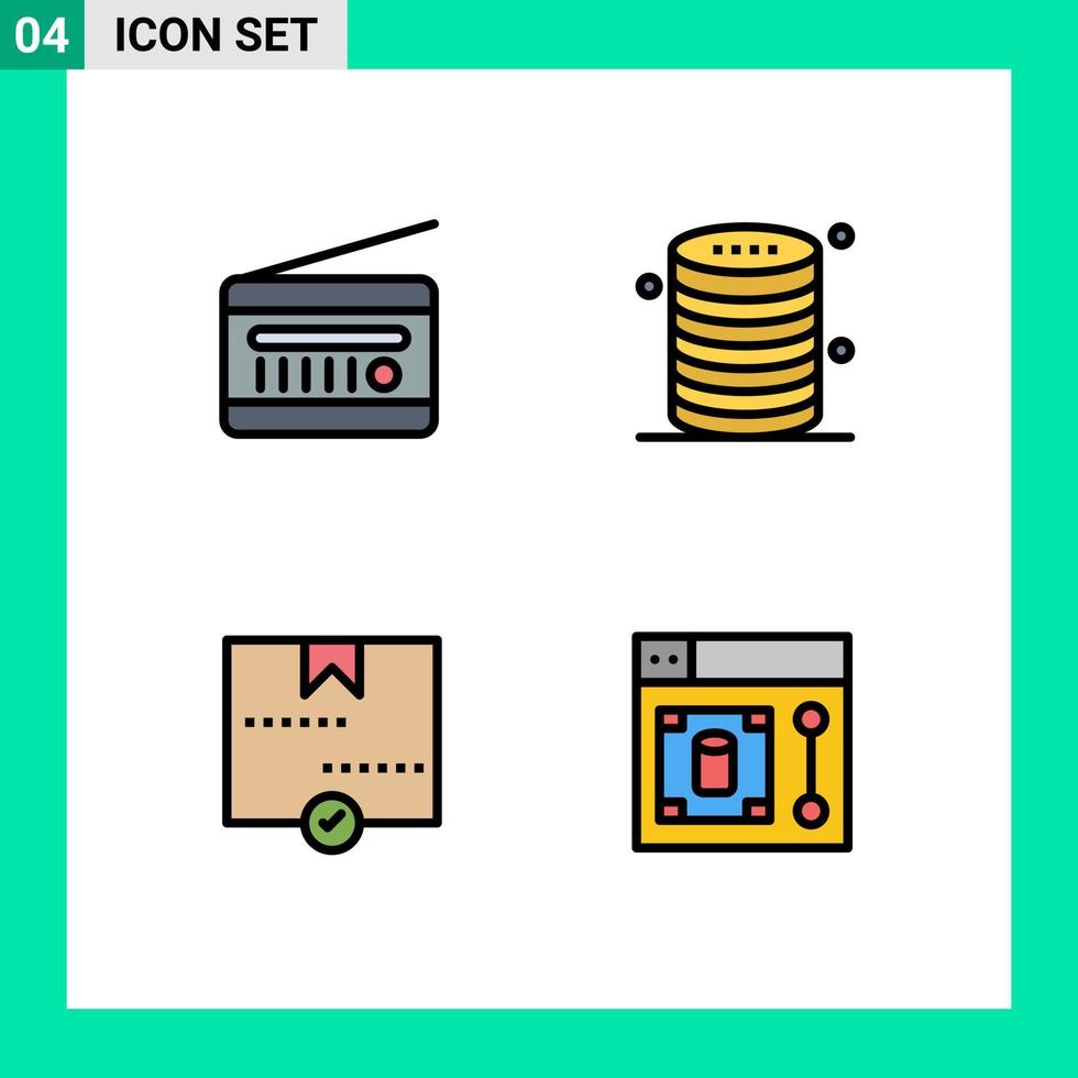 4 signes universels de couleur plate de ligne remplie symboles de données de récepteur radio de stockage de diffusion audio livrés éléments de conception vectoriels modifiables vecteur