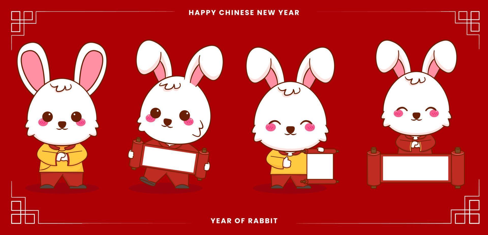 carte de voeux joyeux nouvel an chinois 2023 avec un joli lapin portant un costume traditionnel. lapin tenant un papier vierge. année de lapin. vecteur