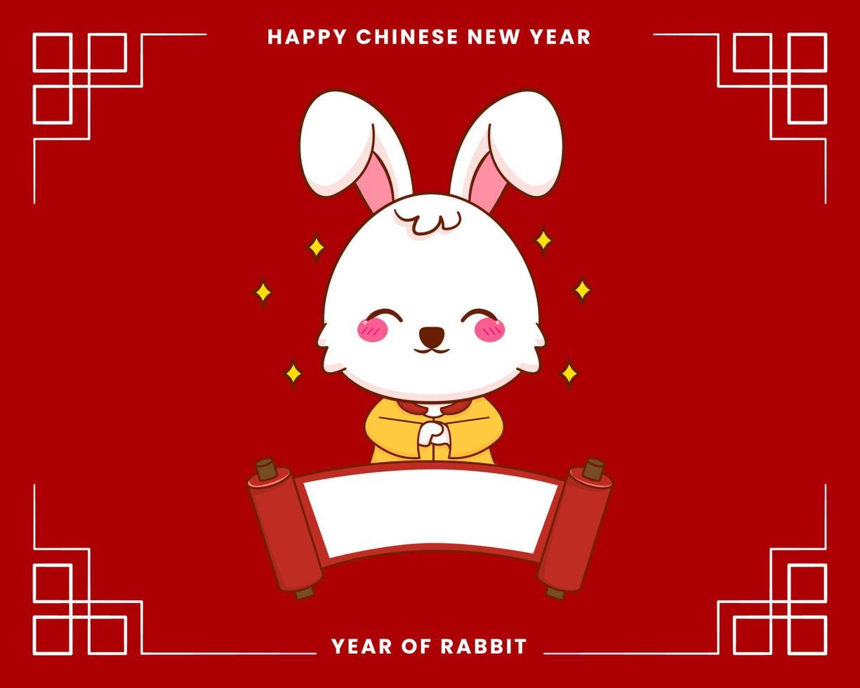 carte de voeux joyeux nouvel an chinois 2023 avec un joli lapin portant un costume traditionnel. lapin tenant du papier vierge. année de lapin. vecteur