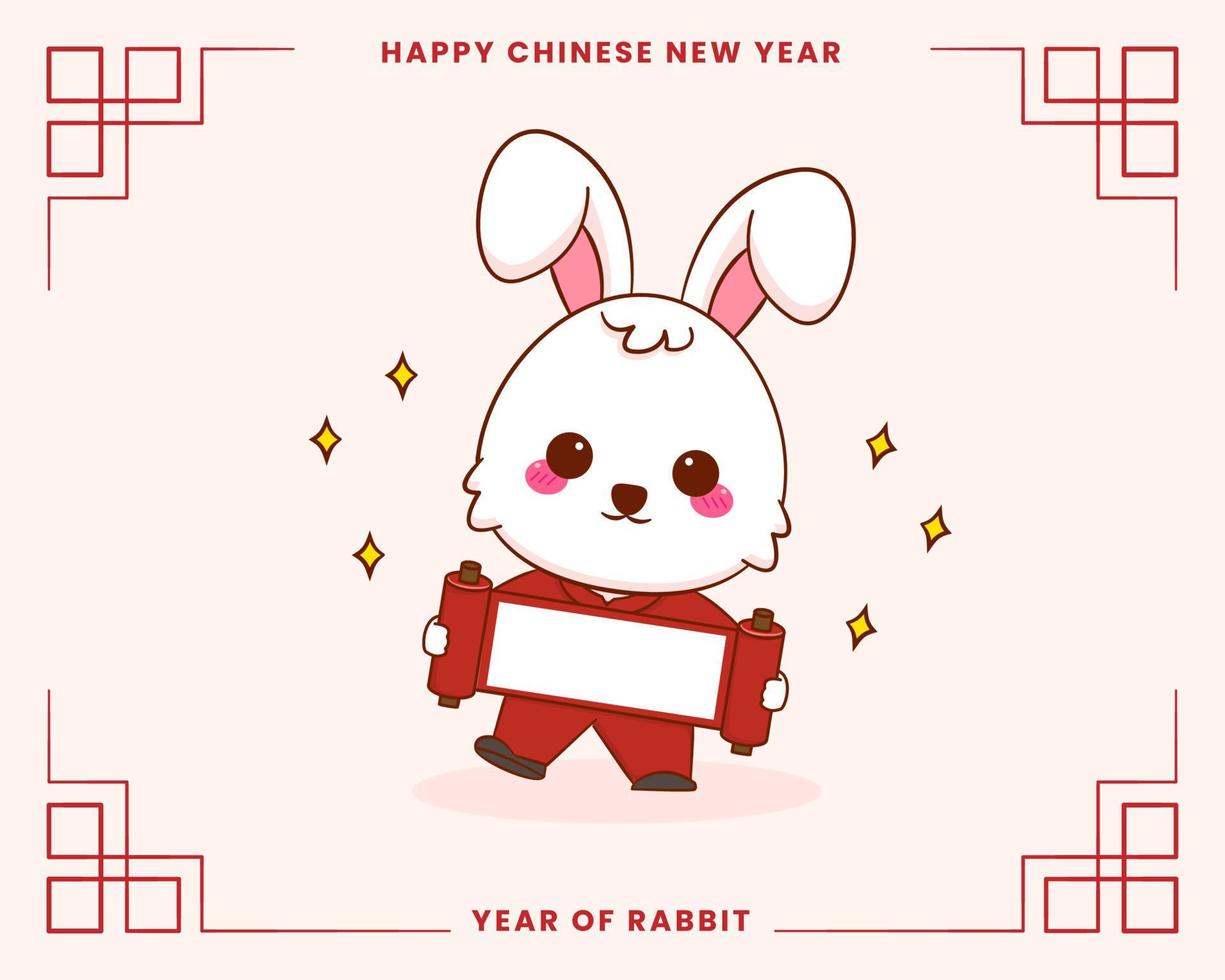 carte de voeux joyeux nouvel an chinois 2023 avec un joli lapin portant un costume traditionnel. lapin tenant du papier vierge. année de lapin. vecteur