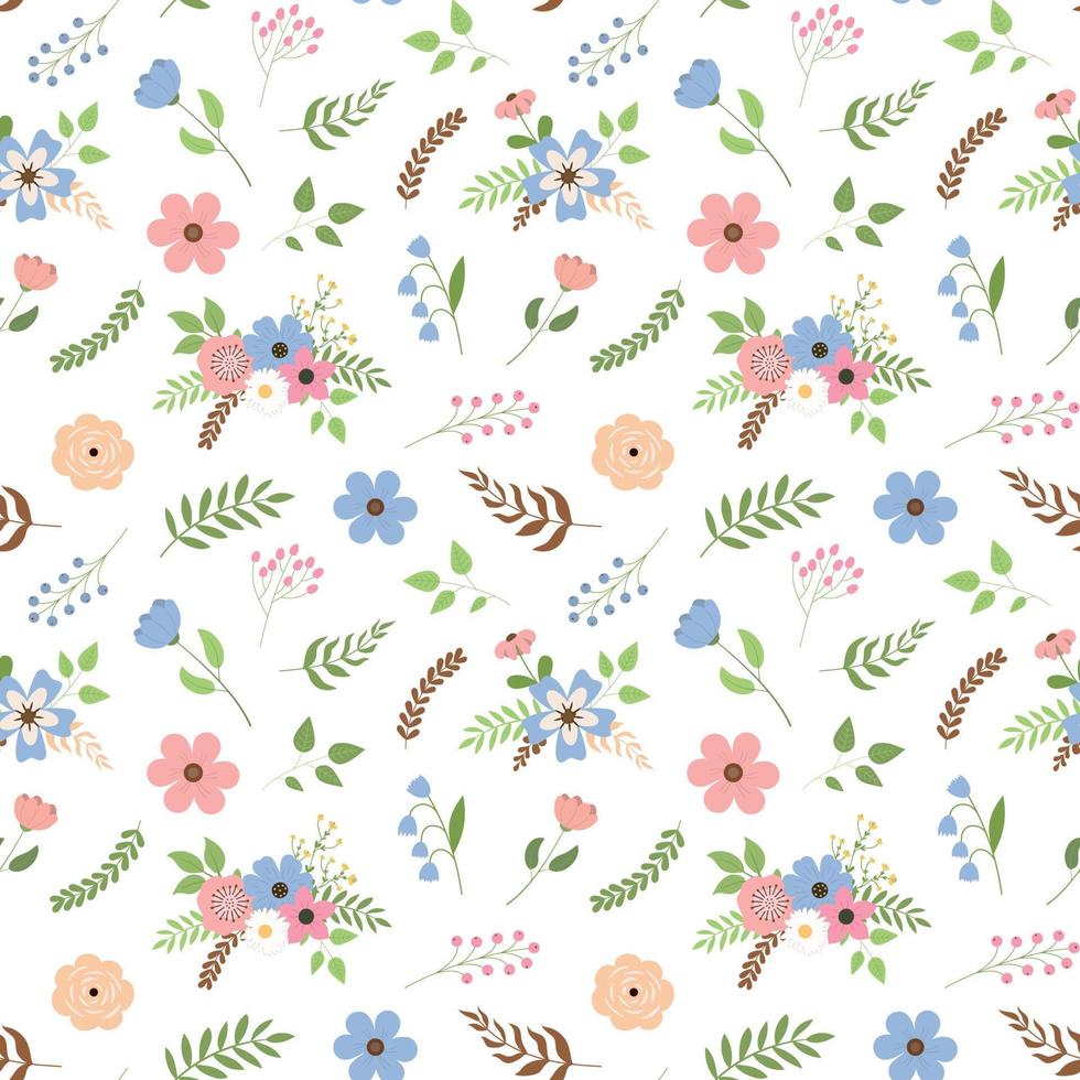 joli motif floral harmonieux de printemps avec des fleurs, des feuilles et des baies. isolé sur fond blanc. vecteur