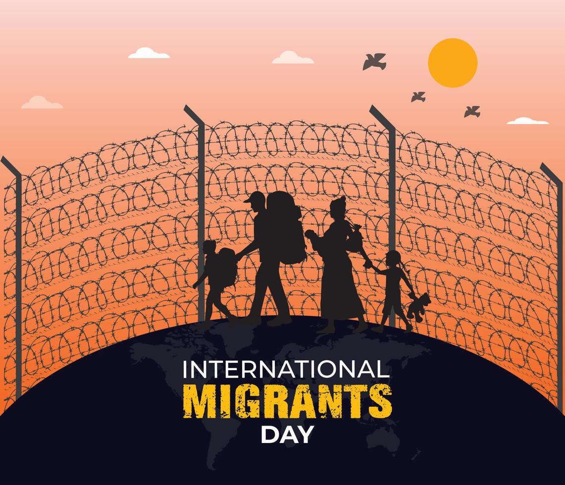 illustration vectorielle du concept de la journée mondiale des réfugiés. modèle de journée mondiale des réfugiés pour le fond, la bannière, la carte, l'affiche. familles de réfugiés près de la clôture - concept de la journée internationale des migrants. vecteur