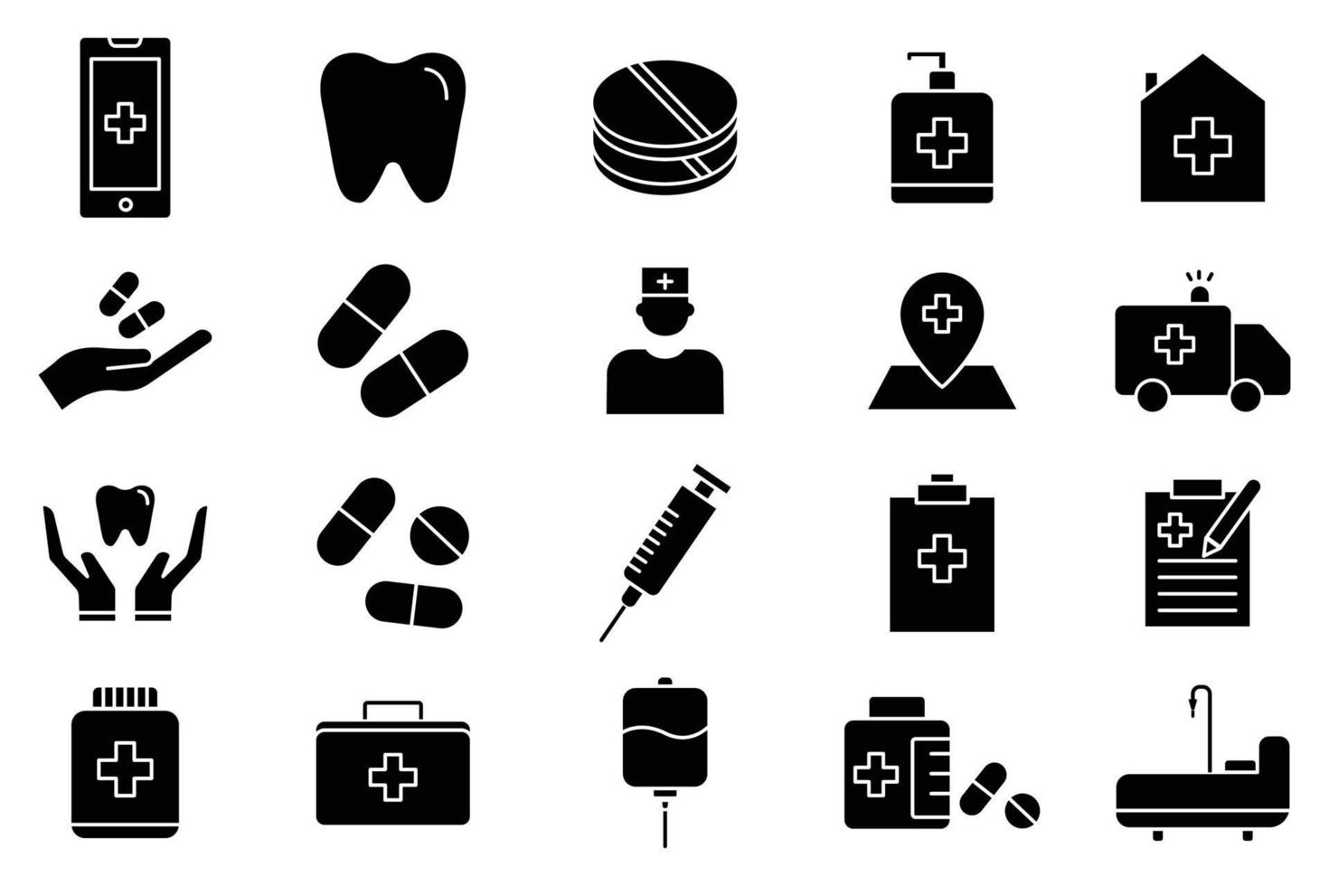 jeu d'icônes d'illustration médicale et de soins de santé. style d'icône de glyphe. conception de vecteur simple modifiable