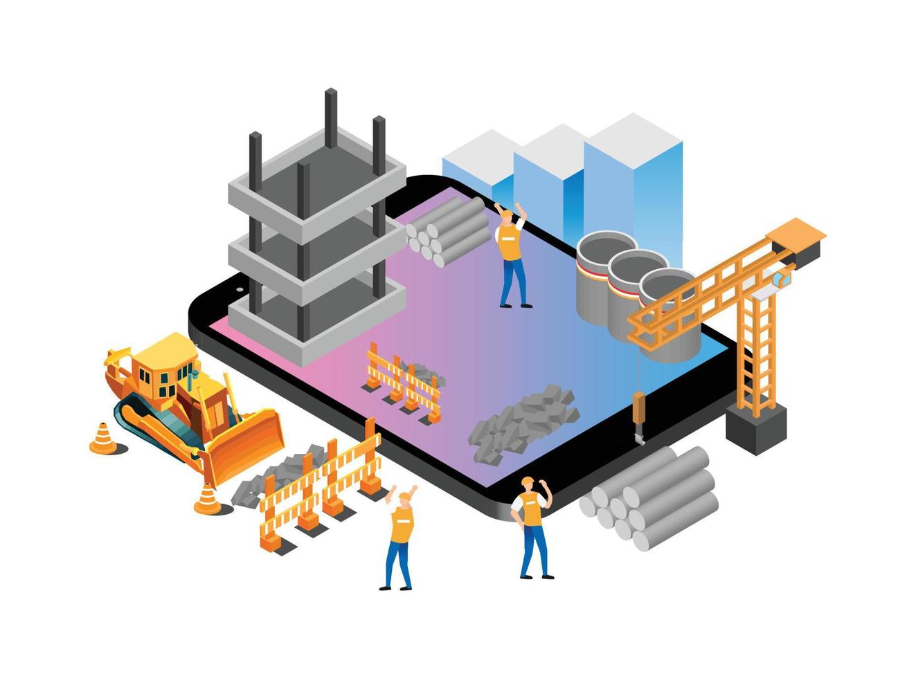 illustration de la progression du développement du site de construction isométrique moderne, adaptée aux diagrammes, aux infographies, à l'illustration de livres, aux actifs de jeu et à d'autres actifs liés aux graphiques vecteur