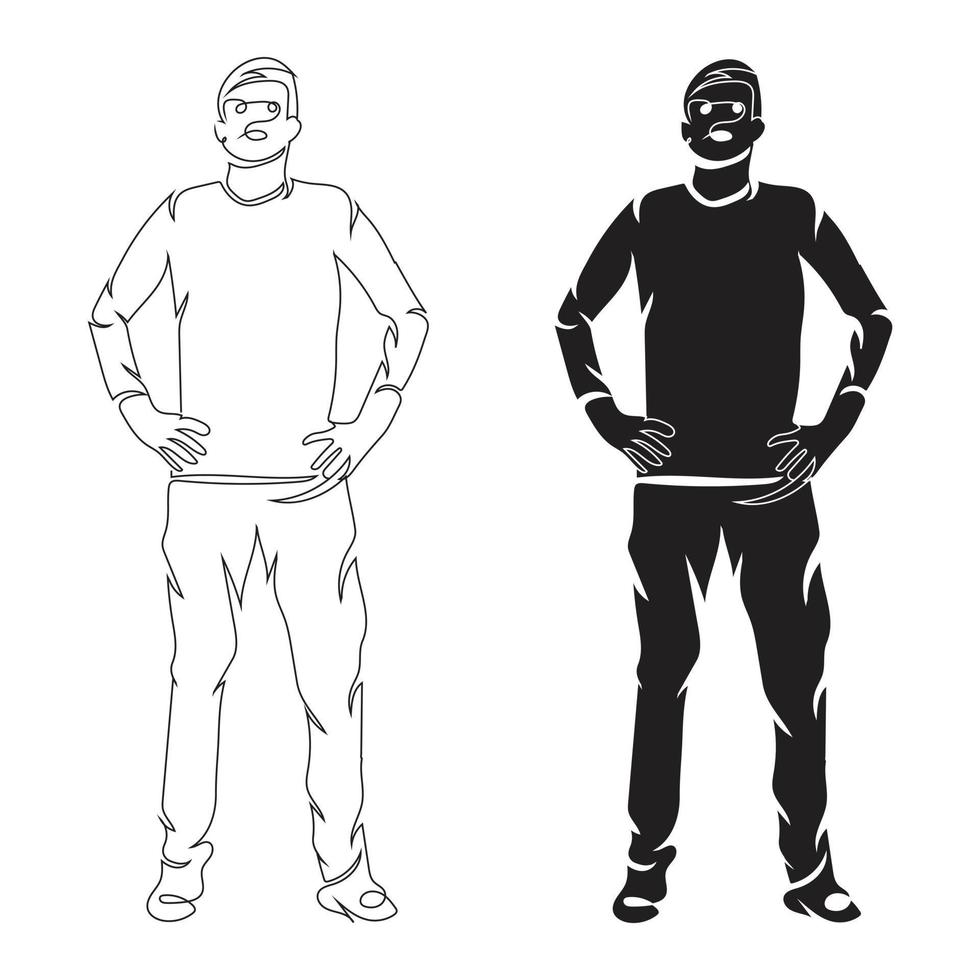 jeune homme stand style de dessin d'art en ligne, l'homme stand croquis linéaire noir isolé sur fond blanc, la meilleure illustration vectorielle de marche homme. vecteur