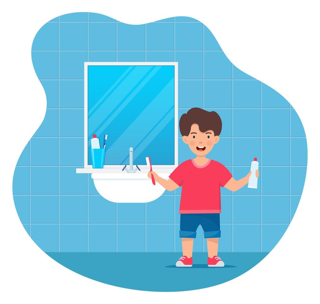 heureux garçon souriant tenant une brosse à dents et un tube de dentifrice, debout dans une salle de bain. dentisterie des enfants et hygiène des dents. enfants utilisant des cliparts de motivation de brosse à dents. illustration vectorielle plane. vecteur