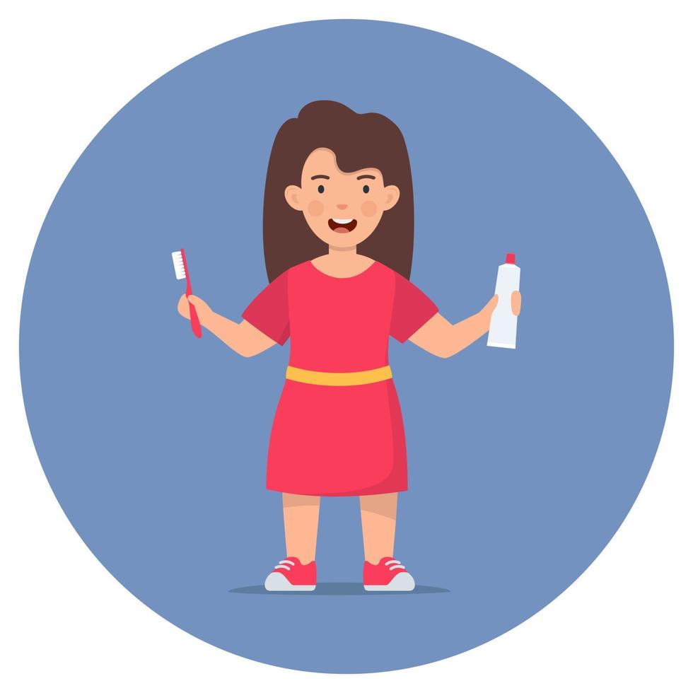 enfant fille heureuse tenant une brosse à dents et un tube de dentifrice. dentisterie des enfants et hygiène des dents. enfants utilisant des cliparts de motivation de brosse à dents. illustration vectorielle plane. vecteur