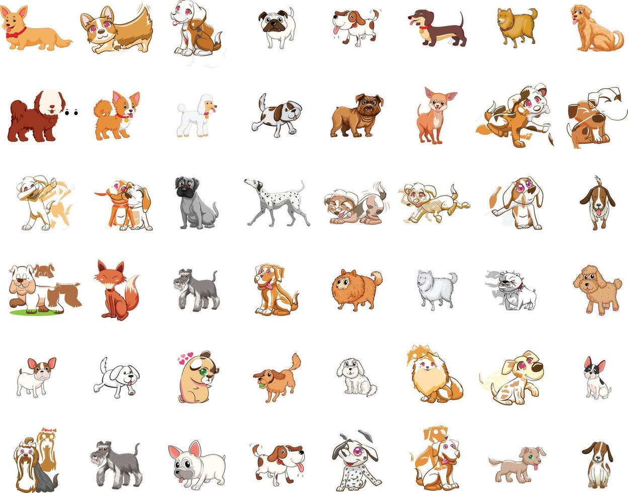 ensemble de vecteurs de doodle de chiens mignons. collection de dessins animés de personnages de chiens ou de chiots avec une couleur plate dans différentes poses. ensemble d'animaux de compagnie drôles isolés sur fond blanc. vecteur