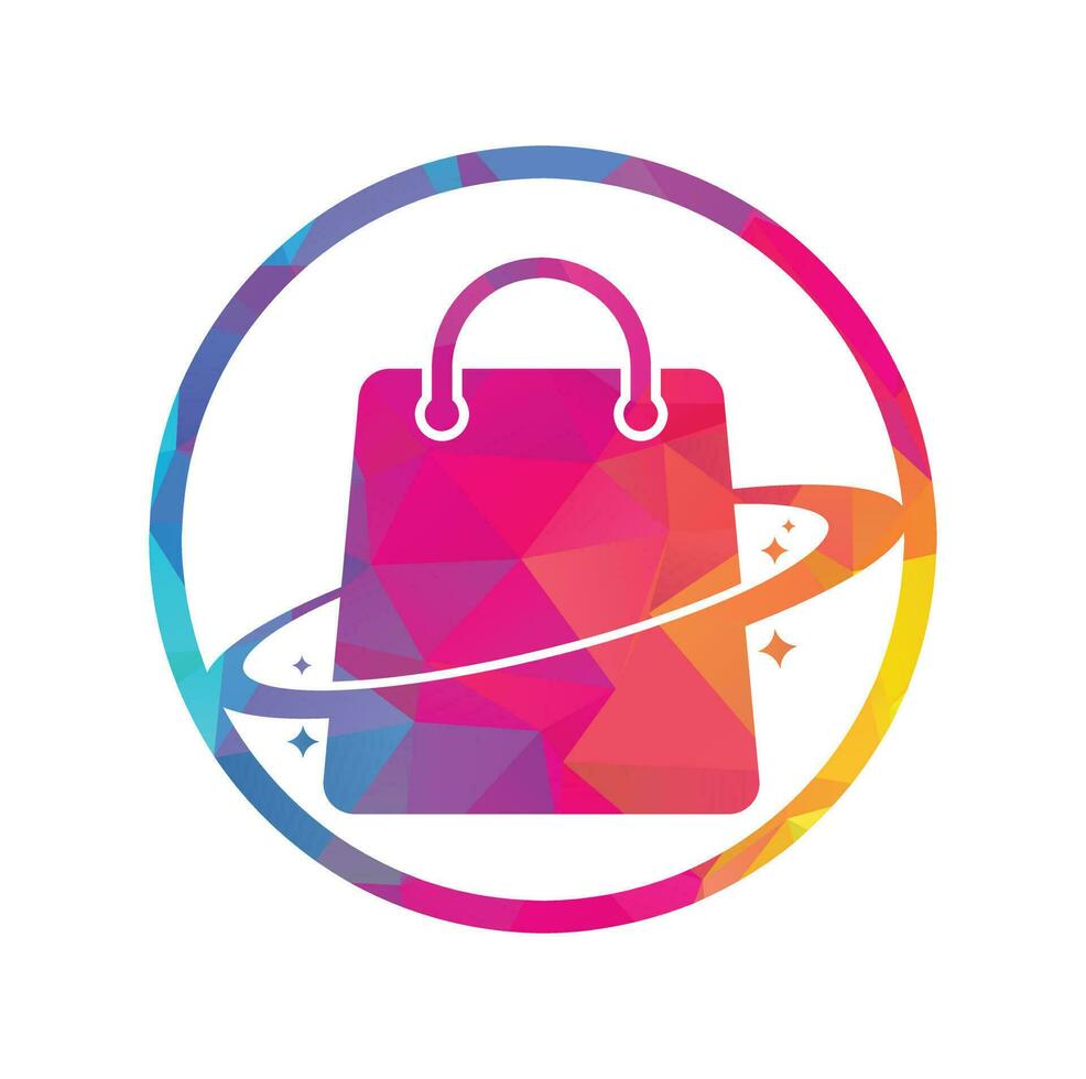 conception de modèle de logo de boutique de planète. modèle de conception de logo vectoriel de sac à provisions galaxy.