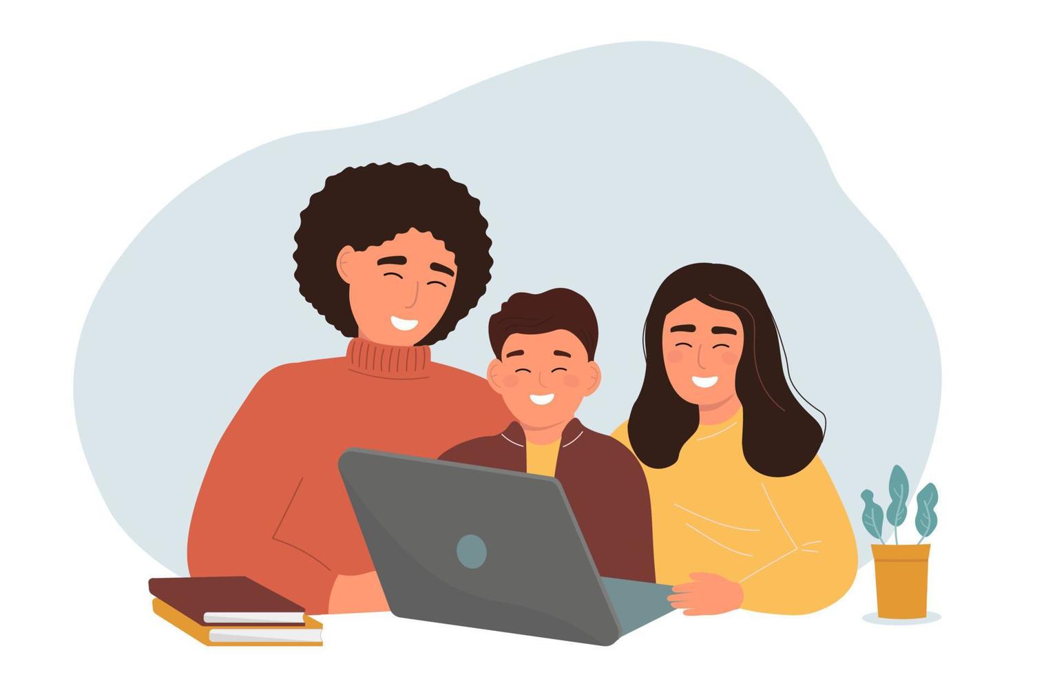 l'enseignant et les enfants sont assis devant l'ordinateur portable. la famille communique ensemble, joue à l'ordinateur. enseigner aux étudiants en ligne, à distance. graphiques vectoriels. vecteur