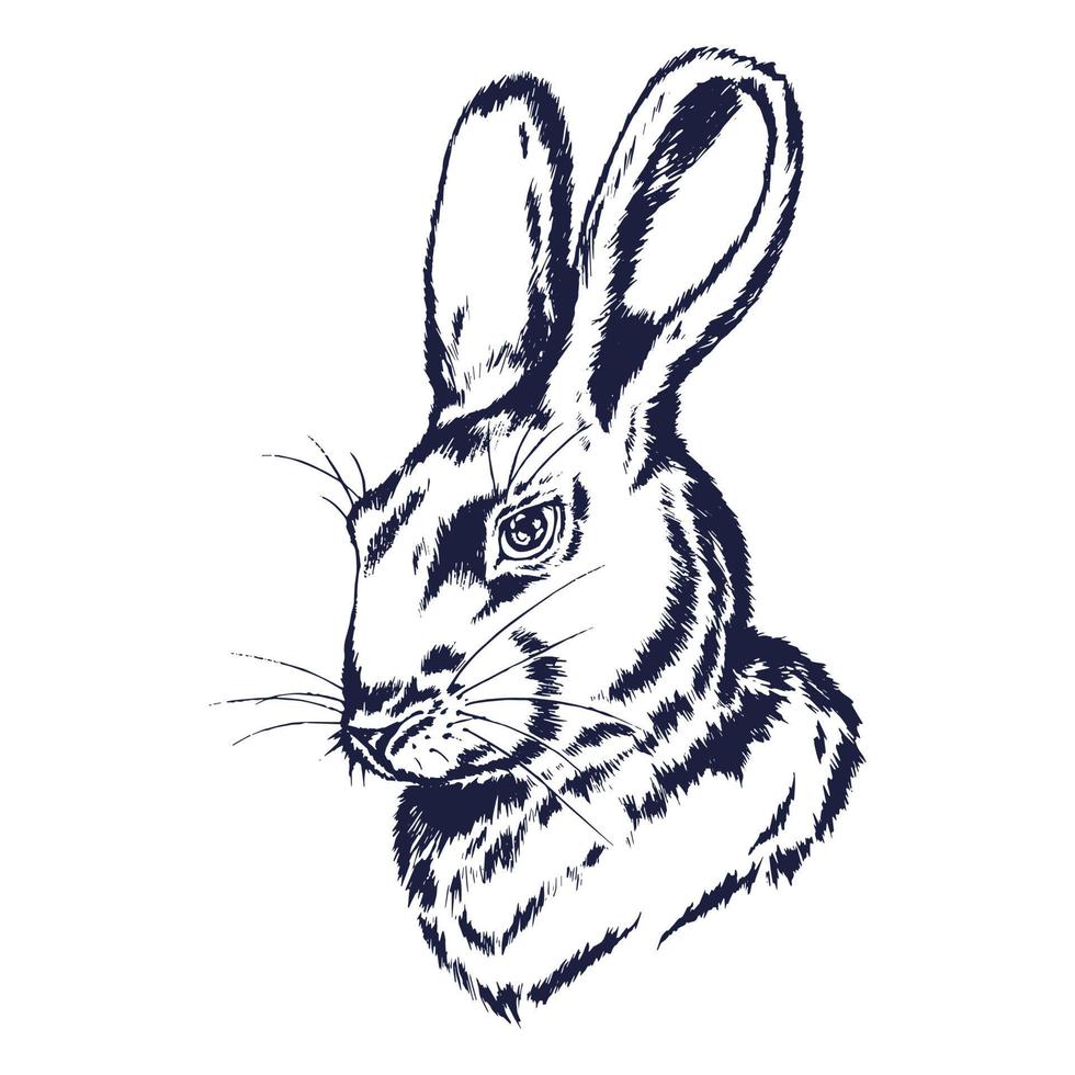 portrait dessiné à la main d'un lapin. croquis de tête de lapin. lapin encadré de coups de pinceau et de fleurs d'iris. vecteur