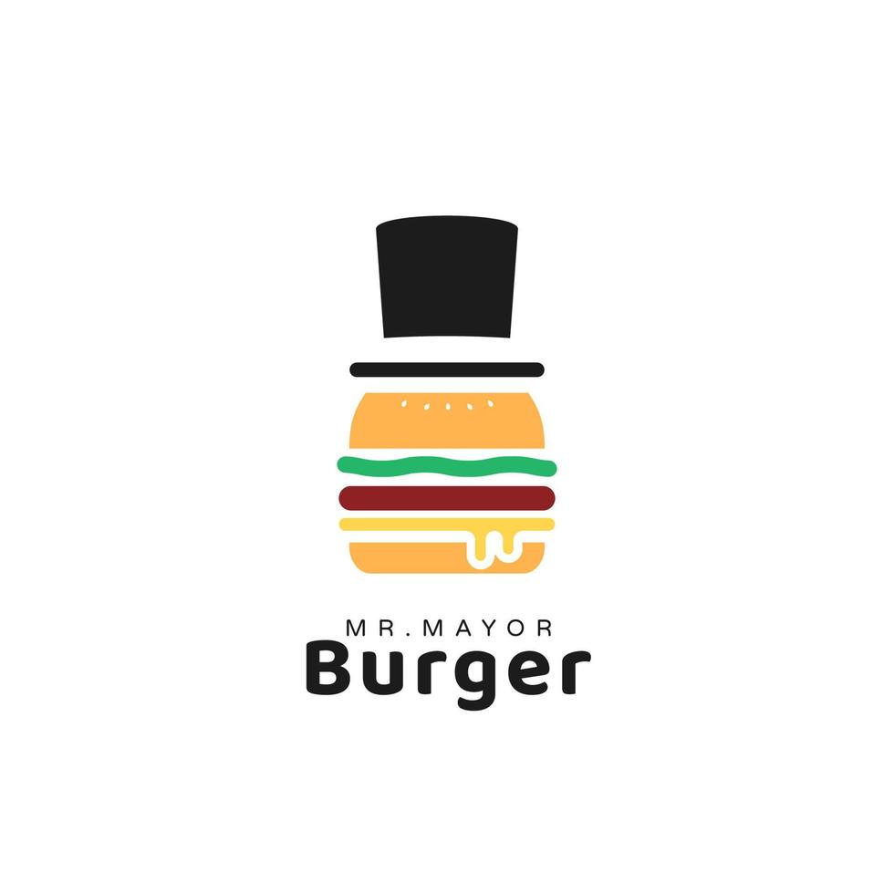 logo du restaurant burger du maire de la ville, burger avec illustration du logo de l'icône du chapeau du maire vecteur